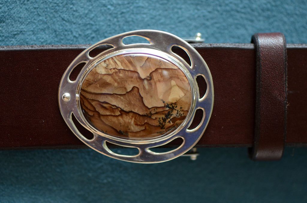 Deschutes Jasper Sterling Silver Belt Buckle, dramatic brown stone with dark figuring cut in an oval shape, in a sterling silver setting. Shown with a hand-made brown leather belt. 